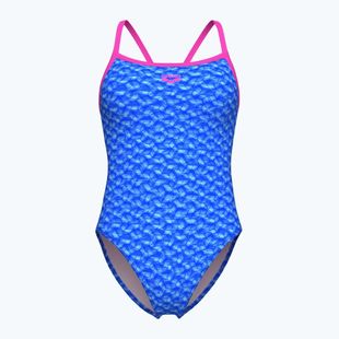 Dámske jednodielne plavky arena Monogram Challenge back blue river multi/shocking pink